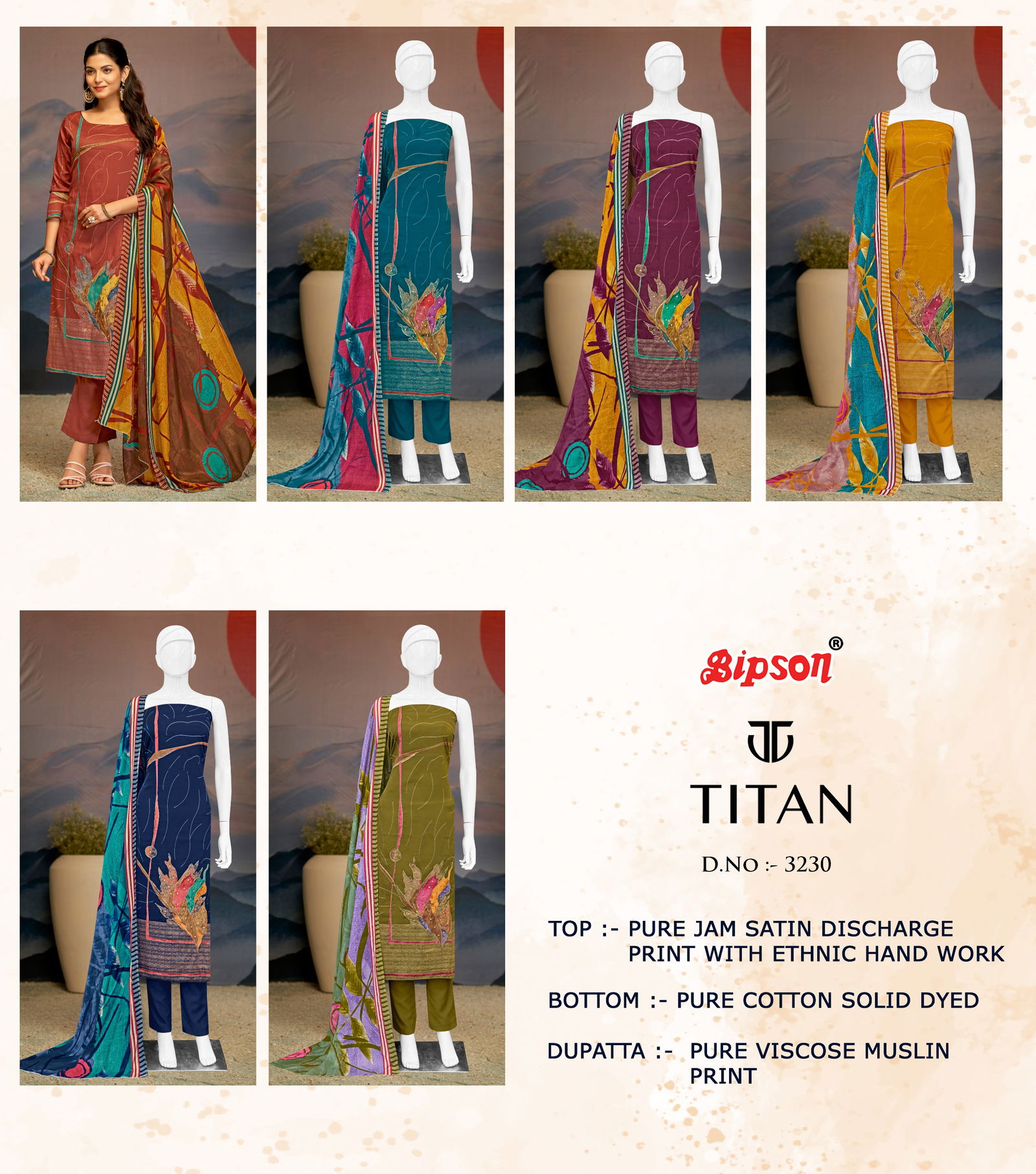 Titan 3230 By Bipson Jam Satin Printed Dress Material Suppliers In India
